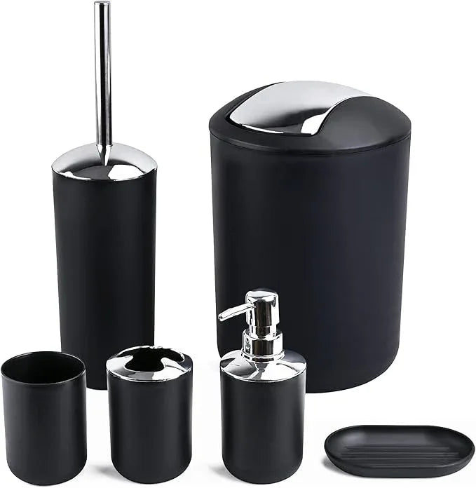 Papillon 6-Piece Bathroom Accessories Set, Toothbrush Holder with Cup, Soap Dispenser & Dish, Toilet Brush, Trash Can, Tumbler Set (Black) - ModernBath