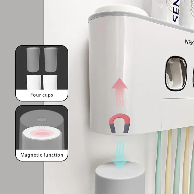 Toothbrush Holder WREWING Multi-Function Wall-Mounted Automatic Toothpaste Dispenser and Dust-Proof Toothbrush Holder with 5 Brush Slots 4 Cups 2 Automatic Toothpaste Dispensers 1 Storage Slot (Grey) - ModernBath
