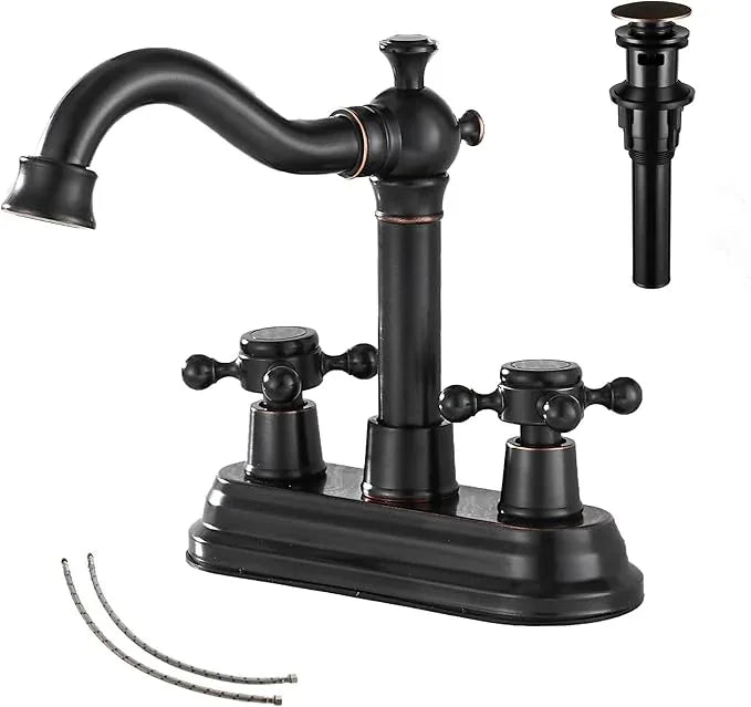Bathroom Faucet Oil Rubbed Bronze GGStudy 2 Handles 4 Inches Centerset Bathroom Vanity with Drain Assembly and Supply Hose Lavatory Mixer Double Handle Tap - ModernBath