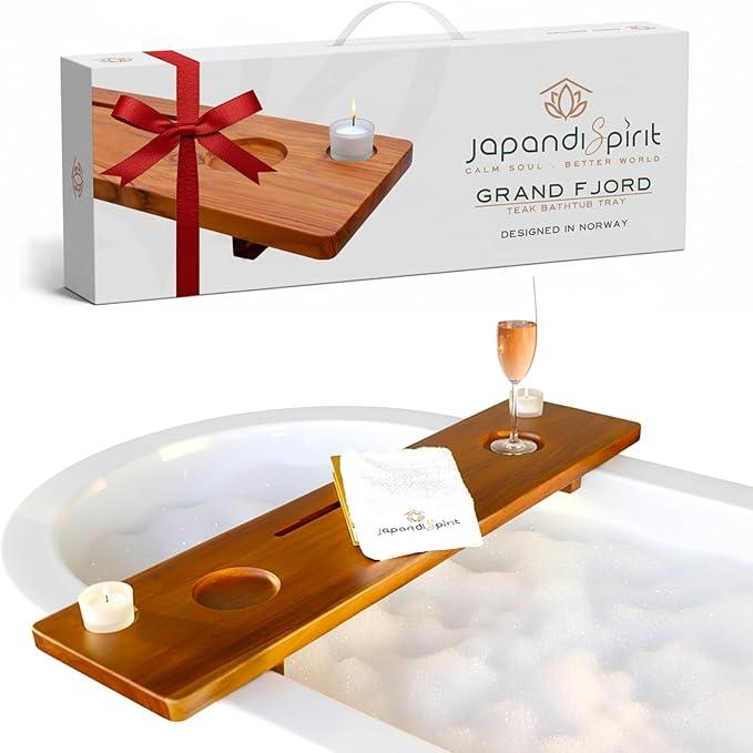 Grand Fjord | Teak Bathtub Tray for Large Soaking Tub | Extra Long 35” Luxury Bath Caddy for Freestanding Tubs | Minimalist Wooden Tub Tray with Candle Holders & Premium Towel by JapandiSpirit - ModernBath