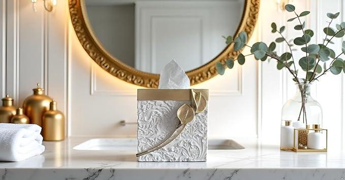 Huitony Square Tissue Box Cover Decorative Kleenex Box Holder for Bathroom & Living Room with Handcrafted Texture (colla Gold) - ModernBath