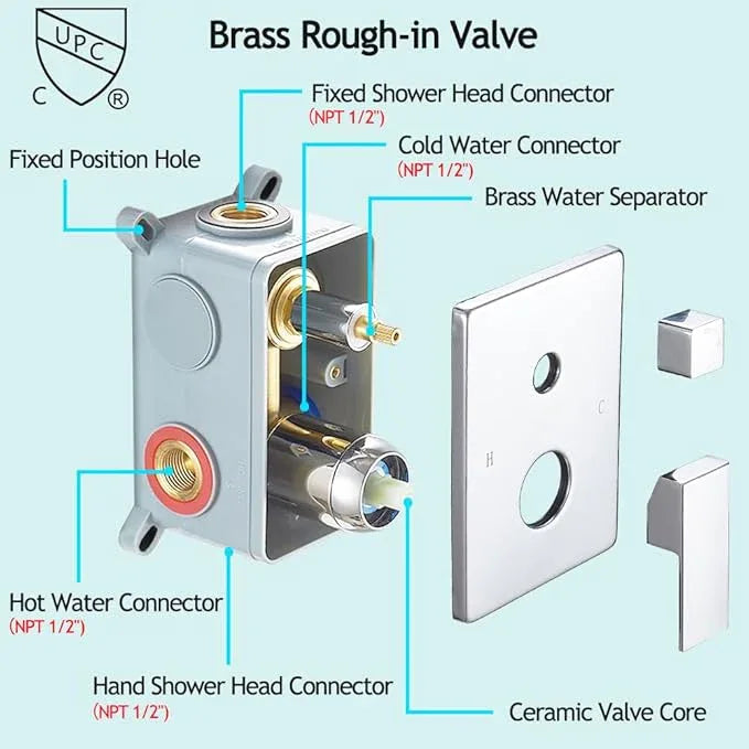 YCAIKOI Shower Faucet Set Complete, Wall Mount Shower System for Bathroom 12 Inch High-Pressure Rainfall Shower with Handheld, Rough-in Valve Body and Trim Kit, Polished Chrome - ModernBath