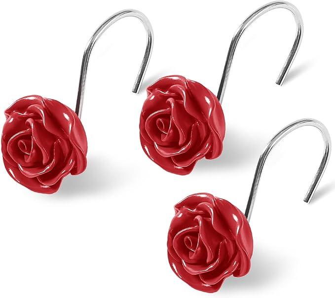Litabel Rose Flower Shower Curtain Hooks 12PCS, Home Decorative Red Rose Shower Curtain Hooks Metal Rustproof Cute Rose Flower Shower Hooks Rings Bathroom Shower Rods Decoration Accessories - ModernBath