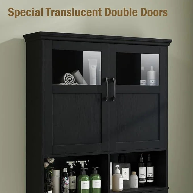 Vabches Over The Toilet Storage Cabinet, Storage Cabinet Over Toilet with Double Doors & Toilet Paper Holder Stand, Freestanding Toilet Shelf Space Saver with Anti-Tip Design & Adjustable Shelf, Black - ModernBath