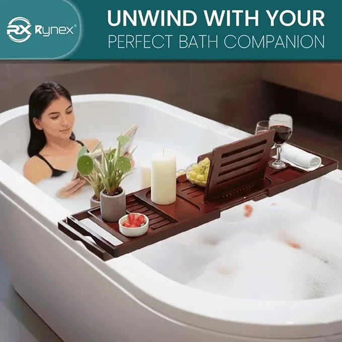 Rynex Bathtub Tray – Foldable & Waterproof Bath tub Tray Caddy with Phone, Wine & Book Holder, Tub Tray –Adjustable Luxury Bath Tray for Tub Relaxation, Home Decor & Gifts – Bamboo Wood - ModernBath