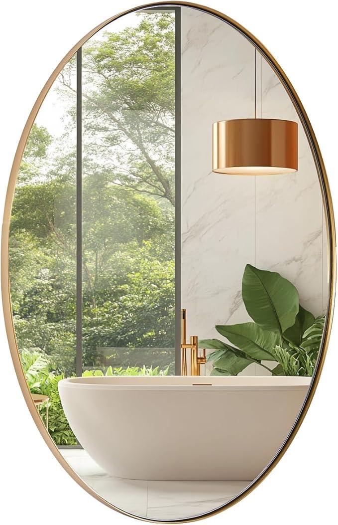 ANDY STAR Gold Oval Mirrors for Bathroom, 20x28 Inch Brushed Gold Stainless Steel Metal Framed Oval Wall Mirror, Modern Vanity Mirror Wall Mount Horizontal or Vertical - ModernBath