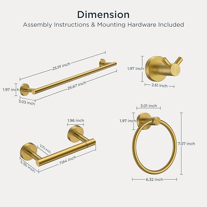 FORIOUS Bathroom Hardware Accessories Set, SUS304 Stainless Steel 24 Inch Towel Bar Set, Modern Towel Racks Holder for Bathroom Wall Mounted, 4 Pieces, Brushed Gold - ModernBath