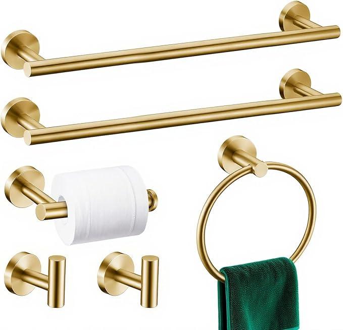 6 Pieces Brushed Gold Bathroom Hardware Accessories Set, SUS304 Stainless Steel 24 Inch Bath Towel Bar Set, Round Bathroom Towel Holder Set, Towel Racks for Bathroom Wall Mounted - ModernBath