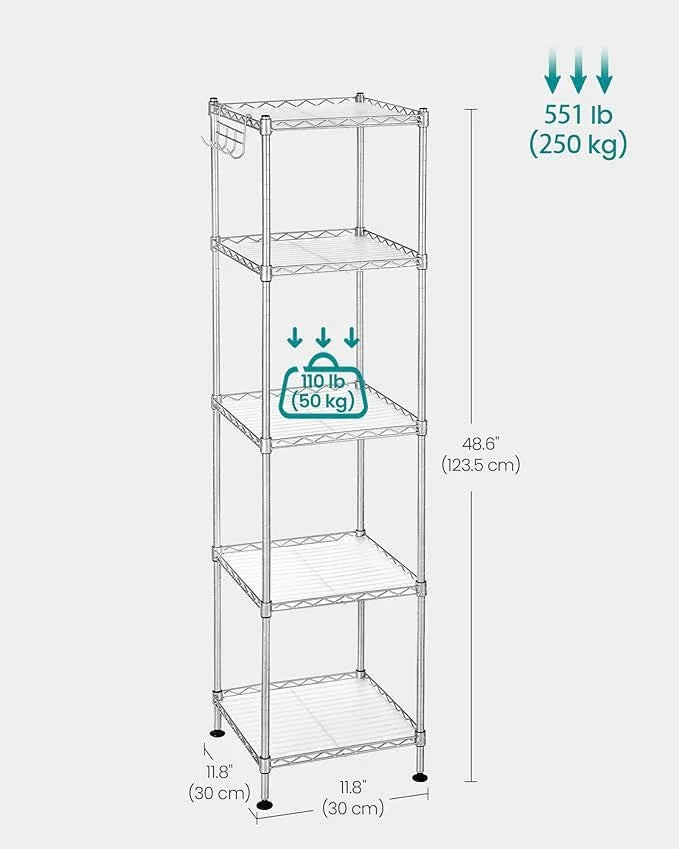 SONGMICS 5-Tier Bathroom Shelf, Storage Rack for Small Space, with 5 PP Shelf Liners, Removable Hook, Extendable Design, Silver and Translucent ULGR023S01 - ModernBath