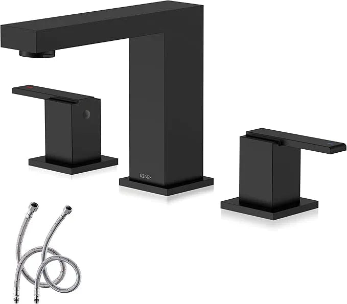 KENES Matte Black Widespread Bathroom Faucet Two Handle Bathroom Sink Faucets Black 3 Hole, 8-Inch 3 Pieces Bathroom Vanity Faucet Lavatory Faucet with Supply Lines, KE-9050-2 - ModernBath