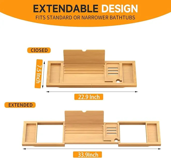 Premium Bamboo Bathtub Caddy Tray with Extending Sides, Adjustable Wood Bath Tray for Luxury Bath, Fits Most Tubs, Accessories Gift Idea - ModernBath