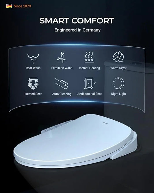 Bravat Electronic Bidet Toilet Seat – Heated Seat, Instant Warm Water, Stainless Steel Nozzle, Hygienic Rinse, Warm Air Dryer, Night Light, Easy Install – Elongated, White - ModernBath