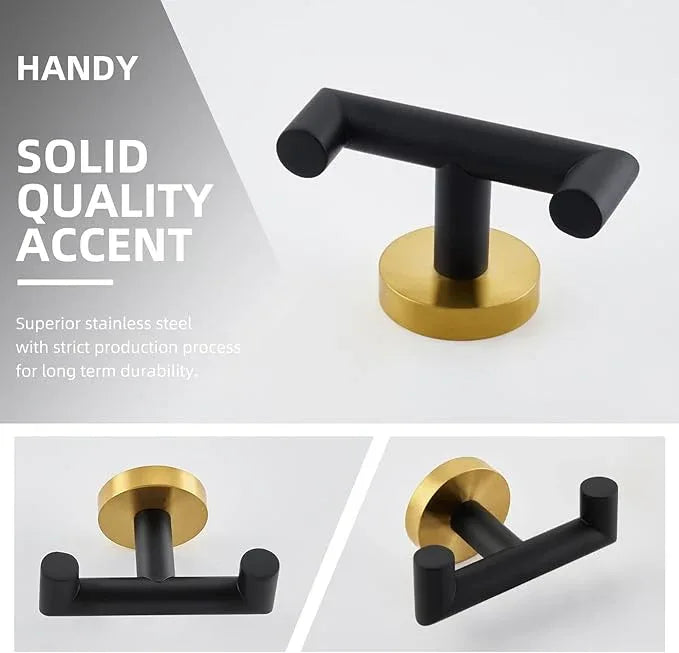 Angle Simple Double Towel Hook, Stainless Steel Hand Towel Holder for Bathroom, Coat Hook for Wall, Black and Gold - ModernBath