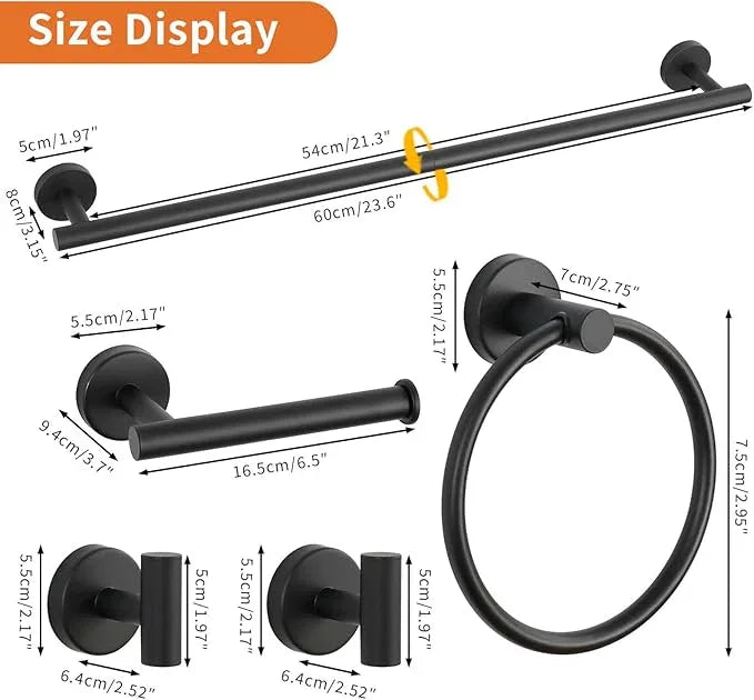 5-Piece Black Bathroom Hardware Set - 24 Inch Towel Bar, 2 Robe Towel Hooks, Toilet Paper Holder, Towel Ring, Wall Mounted Bathroom Accessories (Matte Black Finish) - ModernBath
