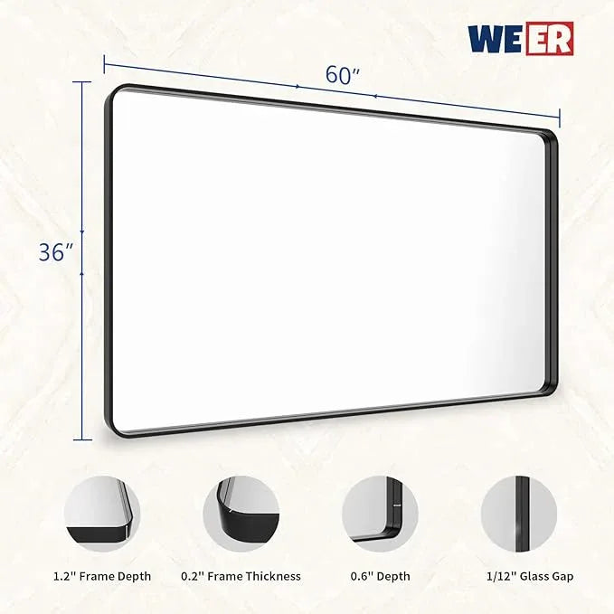 WEER Black Metal Framed Mirror, 60X36 Inch Rectangular Matte Black Wall Mirror for Bathroom, Rounded Corner Black Bathroom Vanity Mirror, Tempered Glass, Anti-Rust, Hangs Horizontal or Vertical - ModernBath