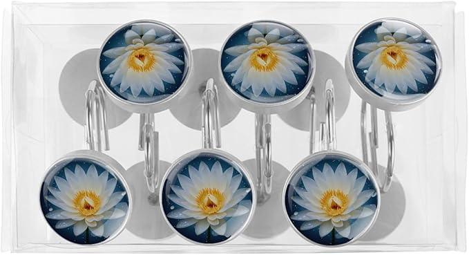 White Lotus Flower Floral Shower Curtain Hooks 12Pcs, Decorative Rust Resistant Shower Rings for Shower Curtain Rods, Stainless Steel Round Curtain Hooks for Bathroom, Bedroom, Farmhouse - ModernBath