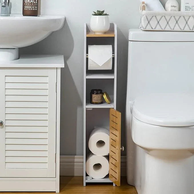 AOJEZOR Toilet Paper Holder Stand: Small Bathroom Storage Cabinet- White&Bamboo - ModernBath
