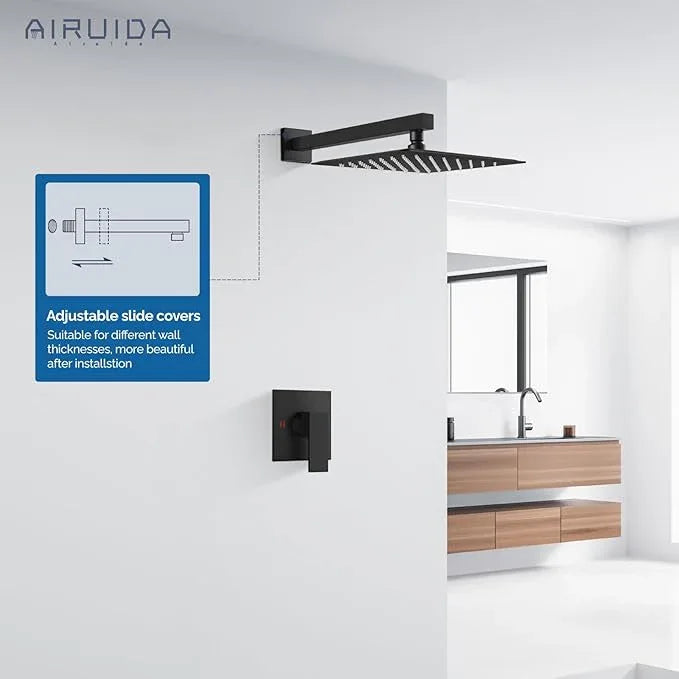 Airuida Shower Faucet Set Bathroom Rain Shower System SUS304 Stainless Steel Single Handle With Male Threads Rough-in Valve Shower Trim Kit 10 Inch Wall Mount Shower Head Matte Black - ModernBath