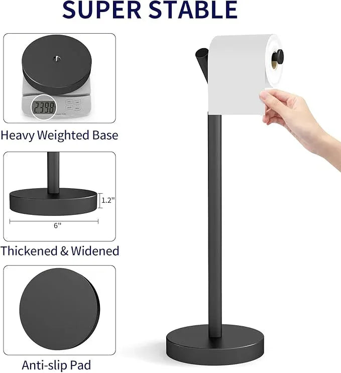 Toilet Paper Holder Free Standing, Matte Black Toilet Paper Stand 21.7" H, Stainless Steel Tissue Roll Holder for Bathroom, Heavy Weighted Base - ModernBath