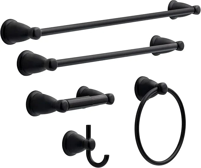 Franklin Brass Kinla 5-Piece Bathroom Set Matte Black 18" and 24" Towel Bar Racks, Toilet Paper Holder, Ring, Hook KIN5PC-MB - ModernBath