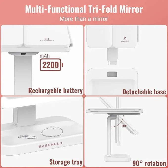EASEHOLD Vanity Mirror with Lights, 2X 3X Magnification, Trifold, Rechargable, Touch Control - Gifts for Girls & Women - ModernBath