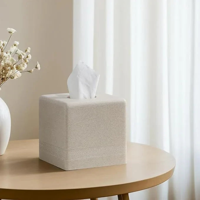 Haocoott Tissue Box Cover Square, Resin Facial Tissue Holder Covers Cube Toilet Paper Holder Case Dispenser Home Decorative for Bathroom Kitchen Bedroom Living Room Office (Beige) - ModernBath