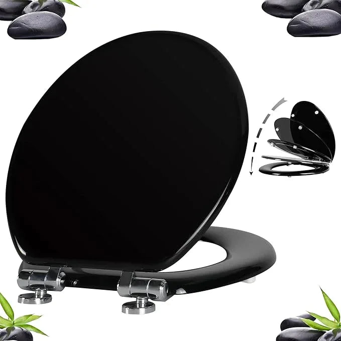 Angel Shield Toilet Seat with Zinc Alloy Hinges Quiet-Close Quick-Release Wood Molded UV Lid Easy Clean(Round,Black) - ModernBath
