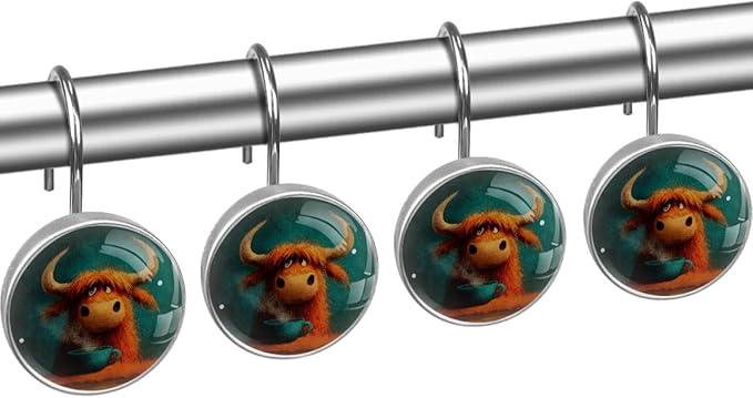 Cartoon Yak Rust Proof Shower Curtain Hooks 12Pcs for Bathroom Shower Rod, Decorative Shower Hooks Shower Curtain Hanger Rings Roller, Glass, Resin, Stainless Steel - ModernBath