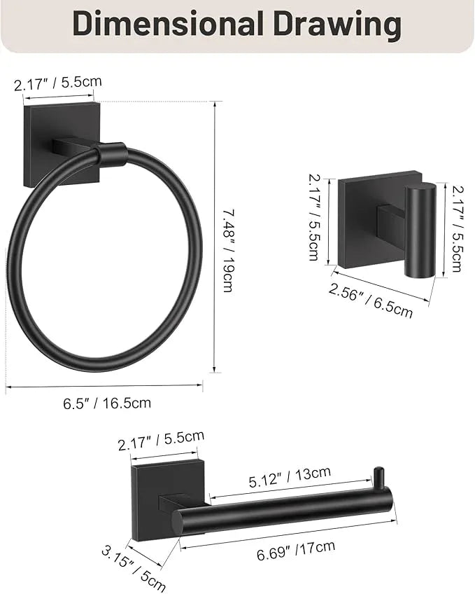 Towel Ring Set 4 Piece Bathroom Hardware Set Includes Towel Ring 2 Towel Hooks and Toilet Paper Holder Stainless Steel Wall Mounted (Matte Black) - ModernBath