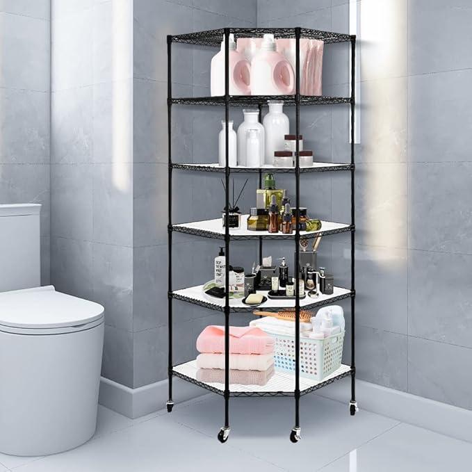 BNSPLY 6 Tier Corner Wire Shelving Unit, Adjustable Wire Shelf with Wheels, Metal Storage Shelves and Racks for Kitchen, Bathroom, Laundry, Pantry, Closet (27" D x 27" W x 71" H, Black) - ModernBath
