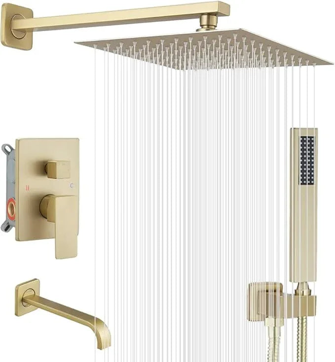 Heable Brushed Gold Shower Faucet Set with Tub Spout Bathroom Rainfall 10 Inch Shower Head System with Handheld Single Handle Shower Trim Kit with Rough-in Valve - ModernBath
