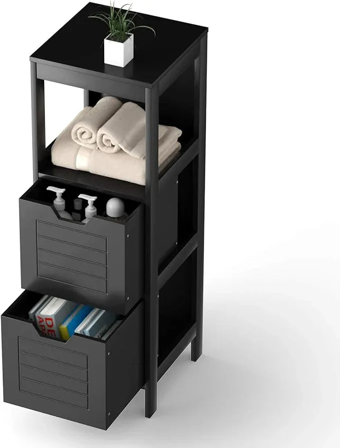 Tangkula Bathroom Floor Cabinet, Narrow Wood Storage Tower w/2 Switchable Drawers, Multifunctional Side Storage for Bathroom, Freestanding Small Cabinet for Small Spaces, 12 x 12 35 Inch (Black) - ModernBath