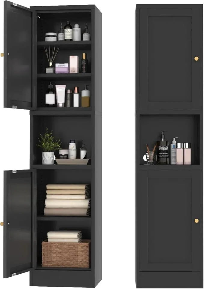 Metal Bathroom Storage Cabinet, 67" Tall Narrow Freestanding Floor Cabinet with Adjustable Shelves and Open Compartment, Slim Metal Locker for Laundry, Kitchen, Dining Room - ModernBath