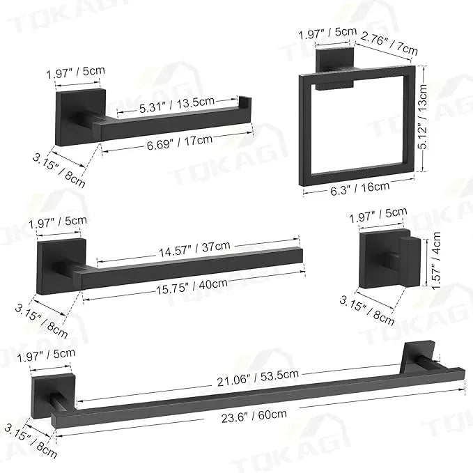 TQKAG 7-Pieces Matte Black Bathroom Hardware Accessories Set 23.6" SUS304 Stainless Steel Towel Bar Set Toilet Paper Spare Rolls Storage Holder Wall Mounted - ModernBath