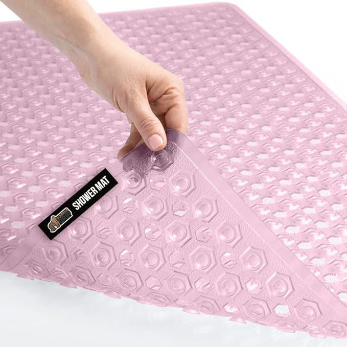 GORILLA GRIP Patented Bath Tub Shower Mat, Machine Washable Bathtub Floor Liner Mats, Suction Cups and Drain Holes to Keep Tubs Clean, Soft on Feet, Bathroom Essentials, 35x16 Inch, Clear Light Pink - ModernBath