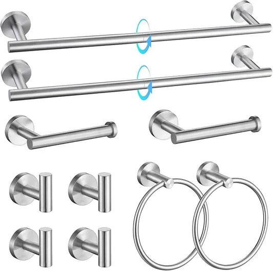 TQKAG Brushed Nickel Bathroom Hardware Accessories Set - 10-Piece Premium SUS304 Stainless Steel Towel Bar Holder Set with 23.6 Inch Round Towel Racks for Wall Mounted Bathroom - ModernBath