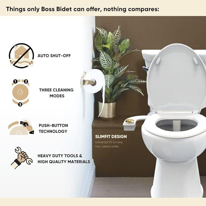 Boss Bidet Revolution Plus (Warm Water). Bidet Attachment for toilet. Luxury design, Bathroom bidet sprayer for toilet, non electric, dual nozzle, feminine wash, self cleaning. Tokyo Platinum. - ModernBath