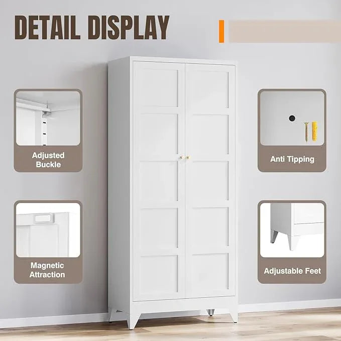 Yizosh Metal Storage Cabinet with 2 Doors and 4 Adjustable Shelves,- 72" White Kitchen Pantry Storage Cabinet for Kitchen,Living Room,Dining Room - ModernBath