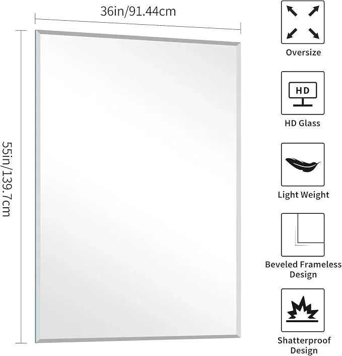 KOCUUY Beveled Mirror, 55x36 Inch Large Frameless Bathroom Mirror for Over Sink, Upgraded Shatterproof Beveled Unframed Design Mirror for Bathroom, Bedroom, Hang Horizontal/Vertical - ModernBath