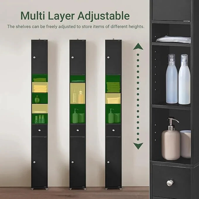 Haotian Narrow Bathroom Storage Cabinet, Tall Slim Bathroom Organizers and Storage for Small Spaces, Freestanding Skinny Cabinet with Doors and Shelves for Tight Corners Black BZR34-SCH - ModernBath
