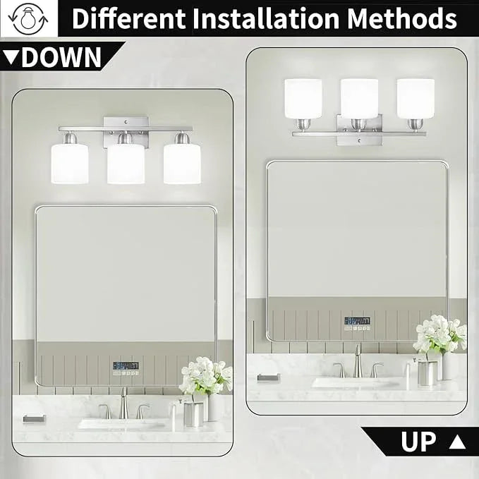Brushed Nickel Bathroom Light Fixture, 3 Light Vanity Lights for Bathroom, Bath Lights with Milky White Frosted Glass Shades, E26 Socket - ModernBath