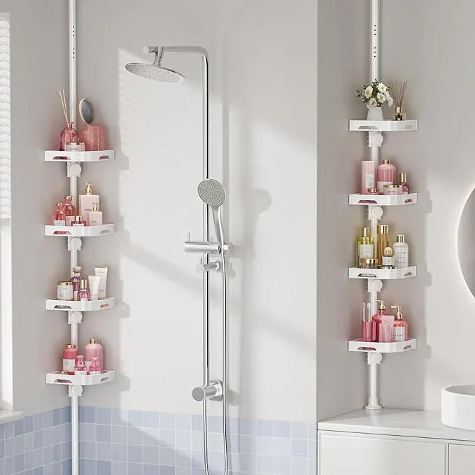 akinbas Tension Pole Shower Caddy Organizer with 4 Tier L-Shaped Rust Resistant Bathroom Corner Shelves with 34-124 Inch Adjustable No Drilling Quick Install Shower Rack for Bath Essentials (White) - ModernBath