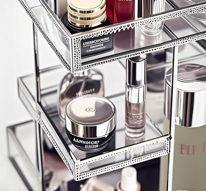 Hersoo 360 Degree Rotation Cosmetic Organizer -Premium Makeup Storage with Spin Base,Antique Countertop Cosmetic Storage,Large Capacity,Beauty Display for Countertop,Vanity or Bathroom (silver) - ModernBath