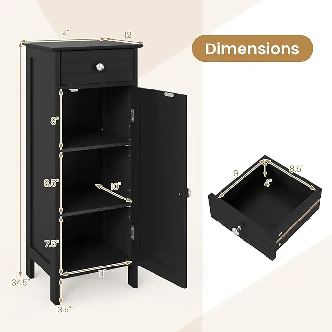 GLACER Floor Storage Cabinet, Multifunctional Bathroom Storage Cabinet with 2 Adjustable Shelves, Ideal for Bathroom, Living Room, 14 x 12 x 34.5 inches (Black) - ModernBath
