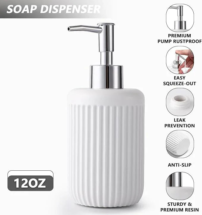 XLHOMO Resin White Bathroom Accessories Set 5 Pcs, Lotion Soap Dispenser, Toothbrush Holder, Bathroom Tumbler, Qtip Holder and Vanity Tray, Bathroom Countertop Organizer Set for Modern Home Apartment - ModernBath