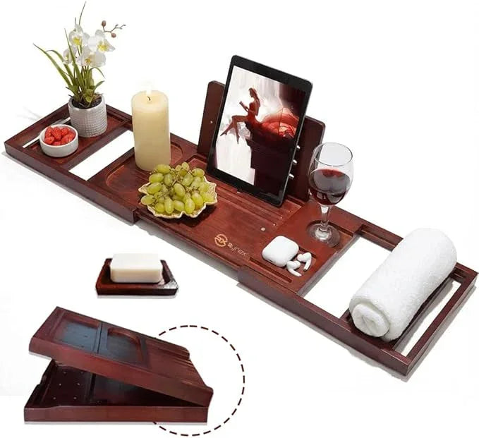 Rynex Bathtub Tray – Foldable & Waterproof Bath tub Tray Caddy with Phone, Wine & Book Holder, Tub Tray –Adjustable Luxury Bath Tray for Tub Relaxation, Home Decor & Gifts – Bamboo Wood - ModernBath