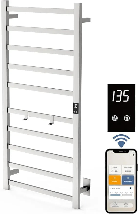 Smart Wireless Electric Towel Warmer | Blade Thin 10 Bar Design | Hardwired & Plug-in | Alexa & Google Home Compatible | Brushed Finish - ModernBath
