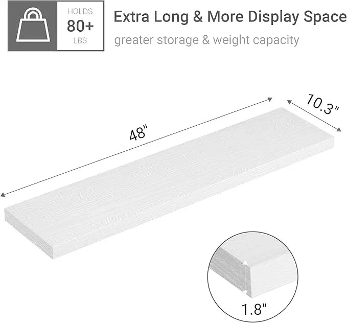 Vivelove Single Floating Shelves 48 Inches, 48 x 10 inch Deep x 1.8 in Thick, Long Wall Shelves Heavy Duty 80 lbs for Bedroom, Living Room, Kitchen, Office, Modern Shelf Book Home Decor, White - ModernBath