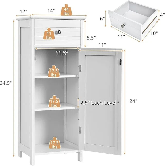 COSTWAY Bathroom Storage Cabinet, Single Door Floor Cabinet with Drawer and 3-Level Adjustable Shelves, Modern Side Storage Organizer with Anti-Tipping Device for Living Room, Bedroom (White) - ModernBath