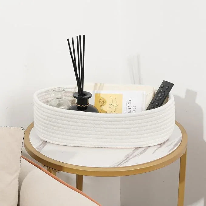 Temary Bathroom Organizer Bin, Toilet Paper Rope Baskets with Handles, Set of 2 Small Foldable Storage Bin for Toilet Tank Top Boho, Narrow Rectangle Baskets for Organizing (White, 13x5.9x3.9) - ModernBath